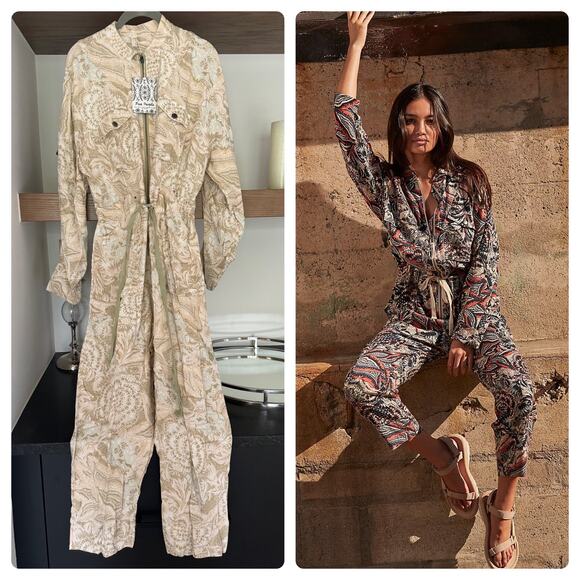 Free People Pants - Free People Movement Off To the Races Jumpsuit in Beige Combo